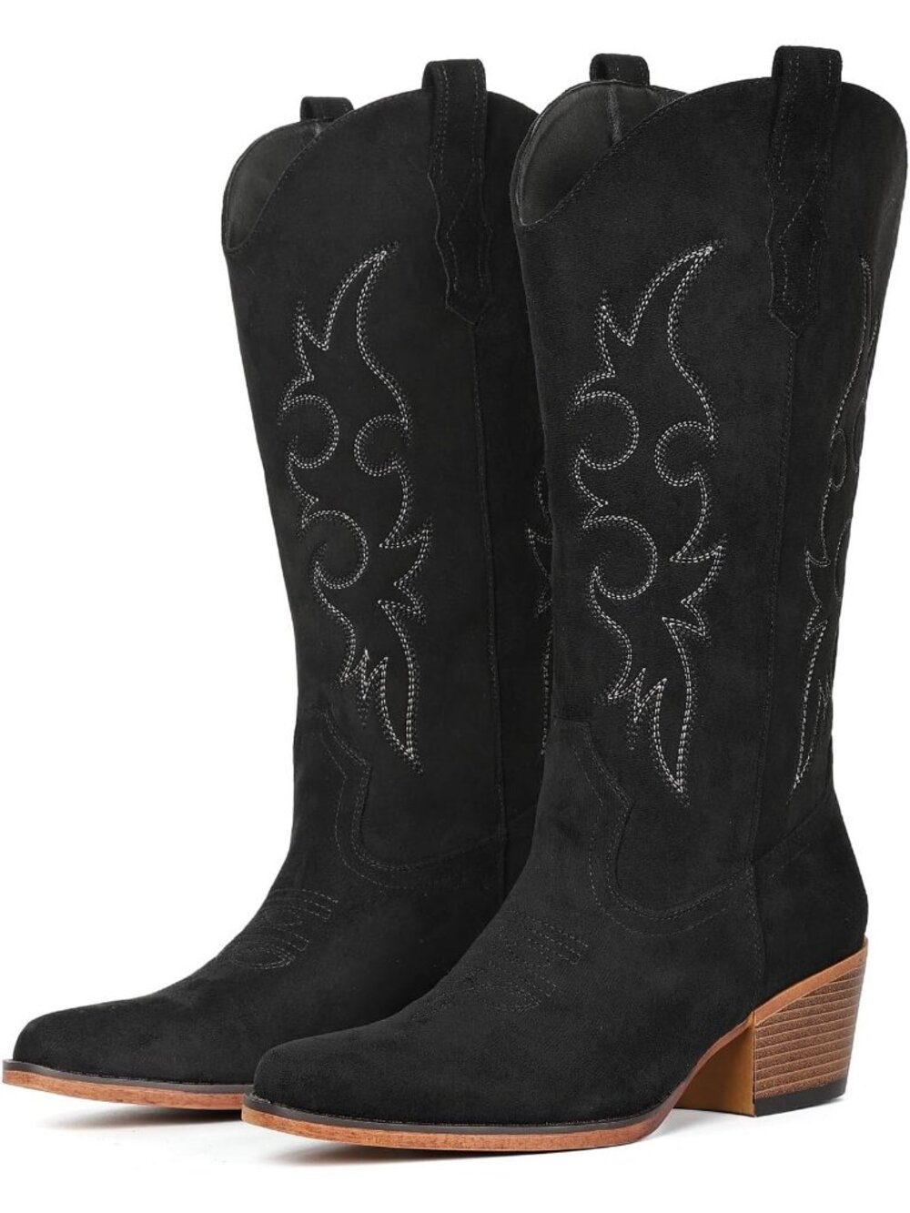 Women's Black Rubber Western Classy Cowgirl Mid Calf Snip Toe Chunky Heel Boots